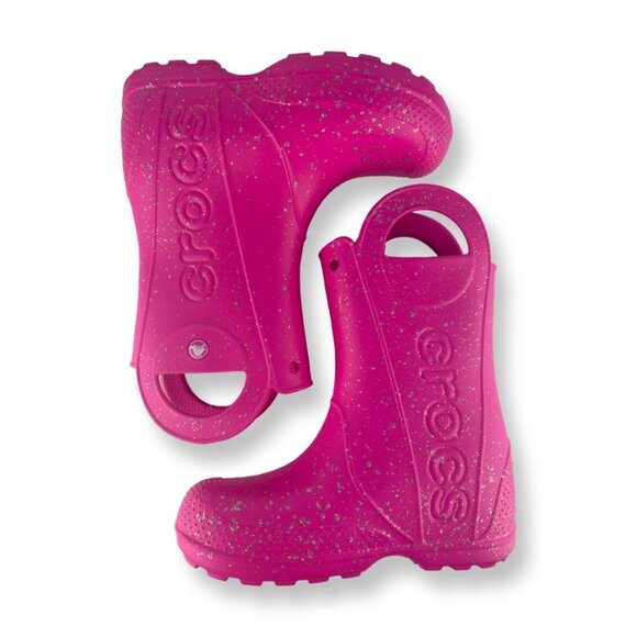 Crocs NEW Handle It Glitter Rain Boots in Hot Pink Girls Kids Size J2 - Picture 5 of 8